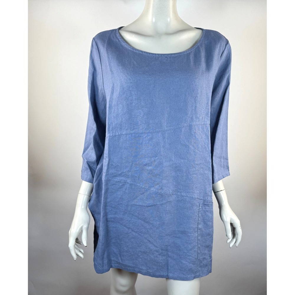 Chalet et‎ Ceci Linen Tunic Top Women XL NWOT 3/4 Sleeve Round Neck Pocket Blue